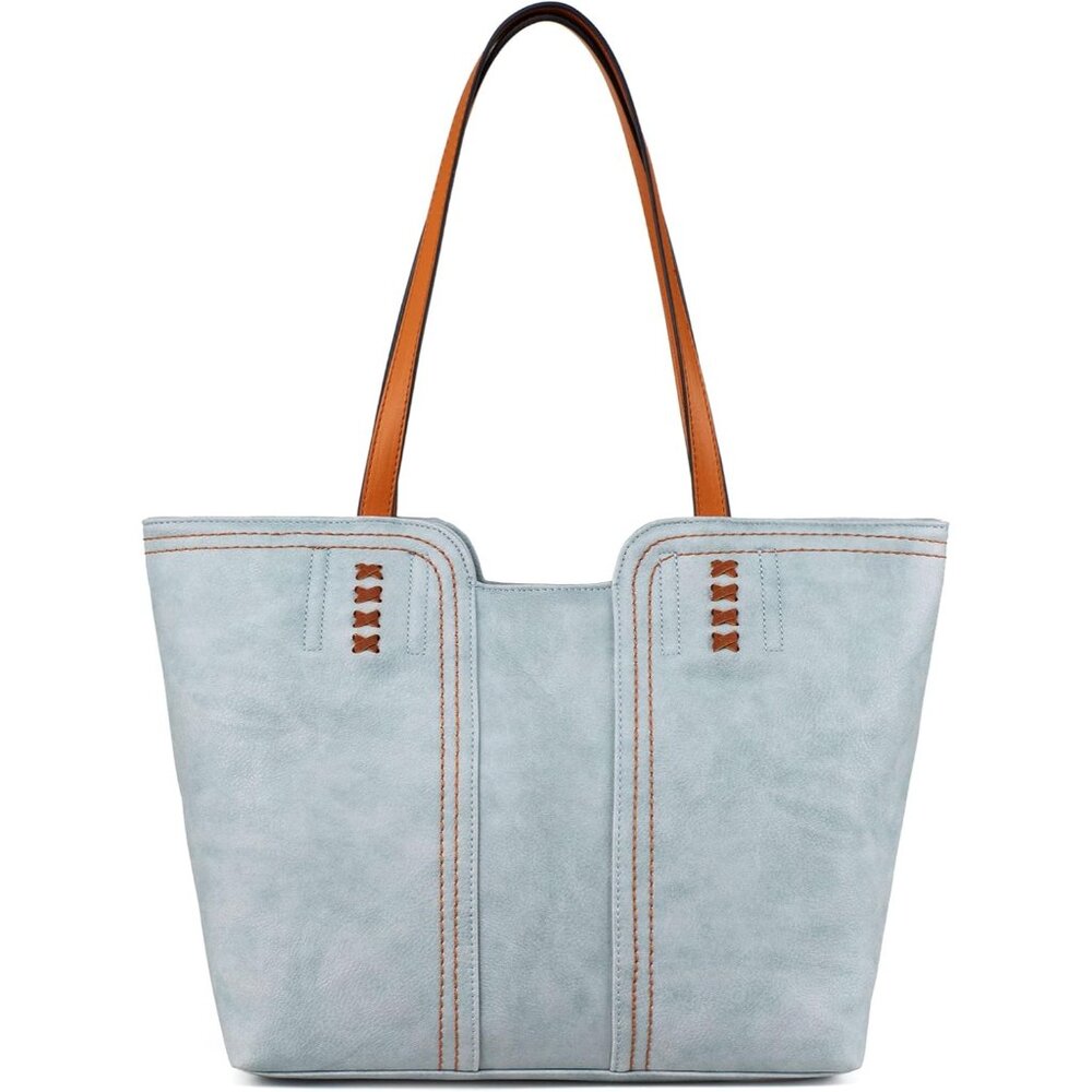 〽️Women's Pastel Blue Leather Classic Top Handle Zipper Pockets Casual Tote Bag